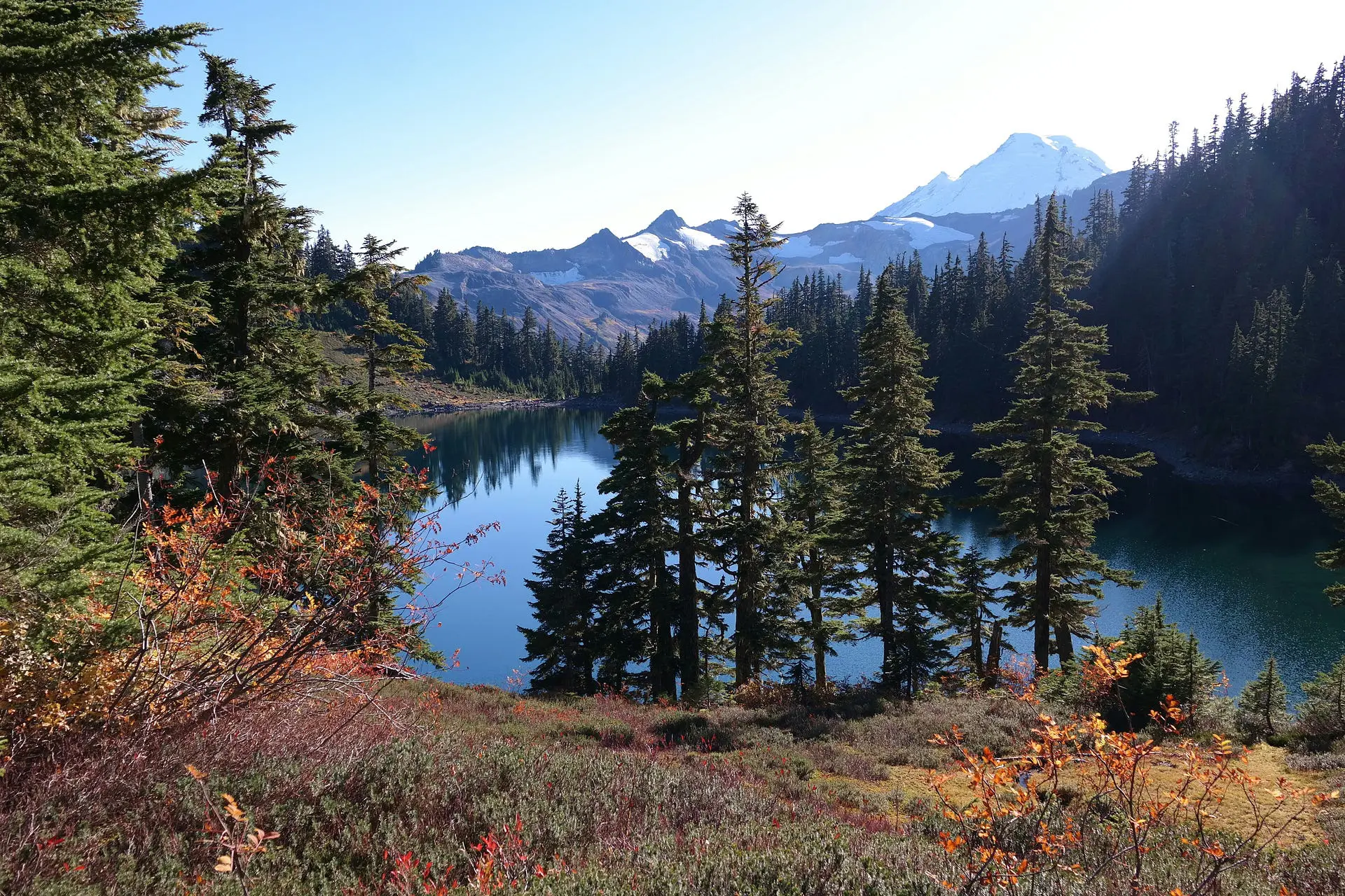 Autumnal alpine lake scene with a calm blue mountain lake surrounded by evergreen trees and colorful shrubs in the foreground, a forested shoreline and snow-capped peak in the distance conveying safety, stability, and long-term planning themes