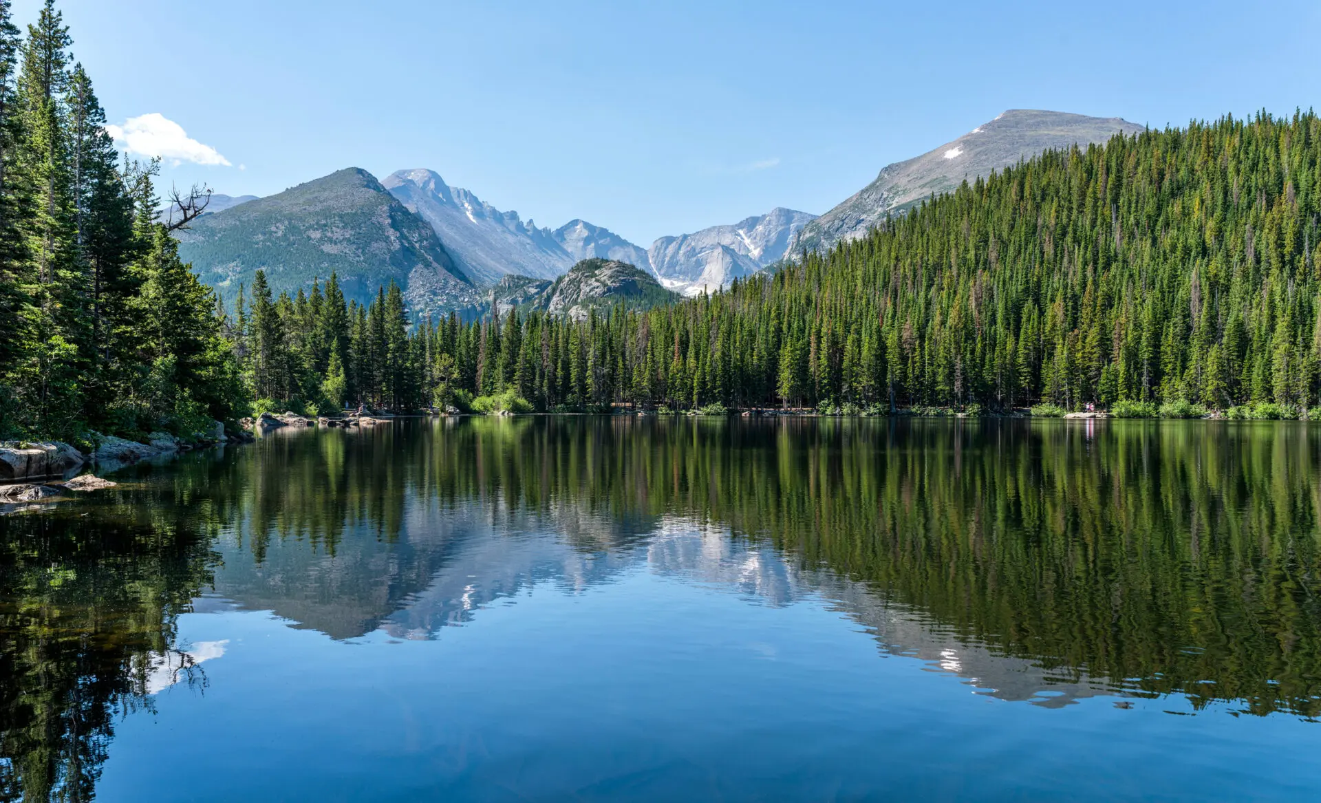 Longs Peak at Bear Lake - Longs Peak and Glacier Gorge reflecting in blue Bear Lake on a calm Summer morning, Rocky Mountain National Park, Colorado, USA. A calm mountain lake reflecting a dense evergreen forest and distant snow-capped peaks under a clear blue sky, conveying peaceful, secure retirement and safety-first planning.